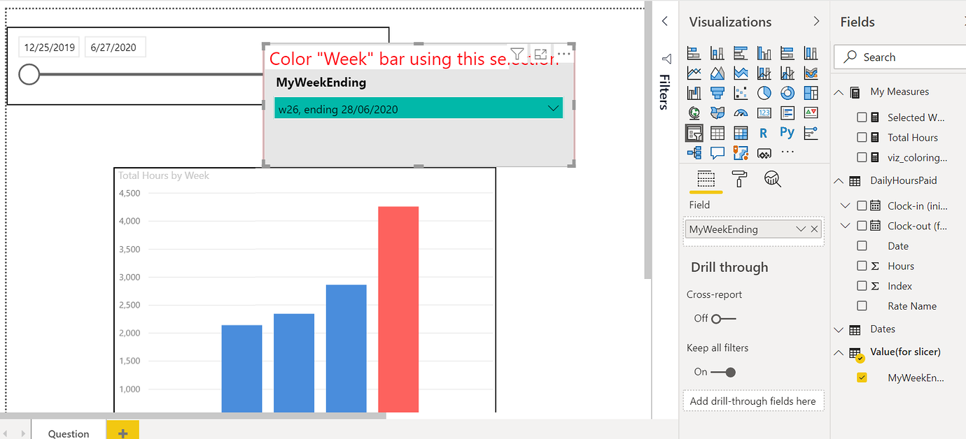 Color bar chart by slicer selection (DAX + conditional formatting) DAX Calculations