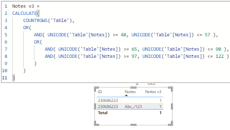 CALCULATE using UNICODE to check for ALPHANUMERIC value - DAX ...