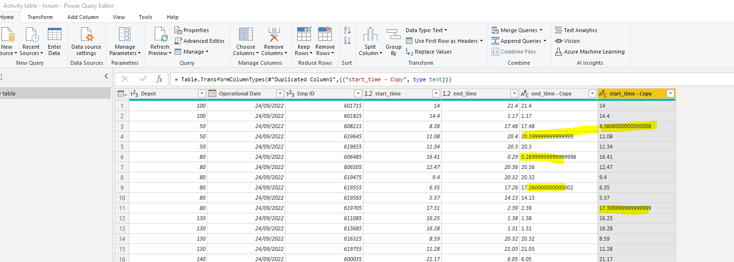 Error (decimals) with changing type of data from 