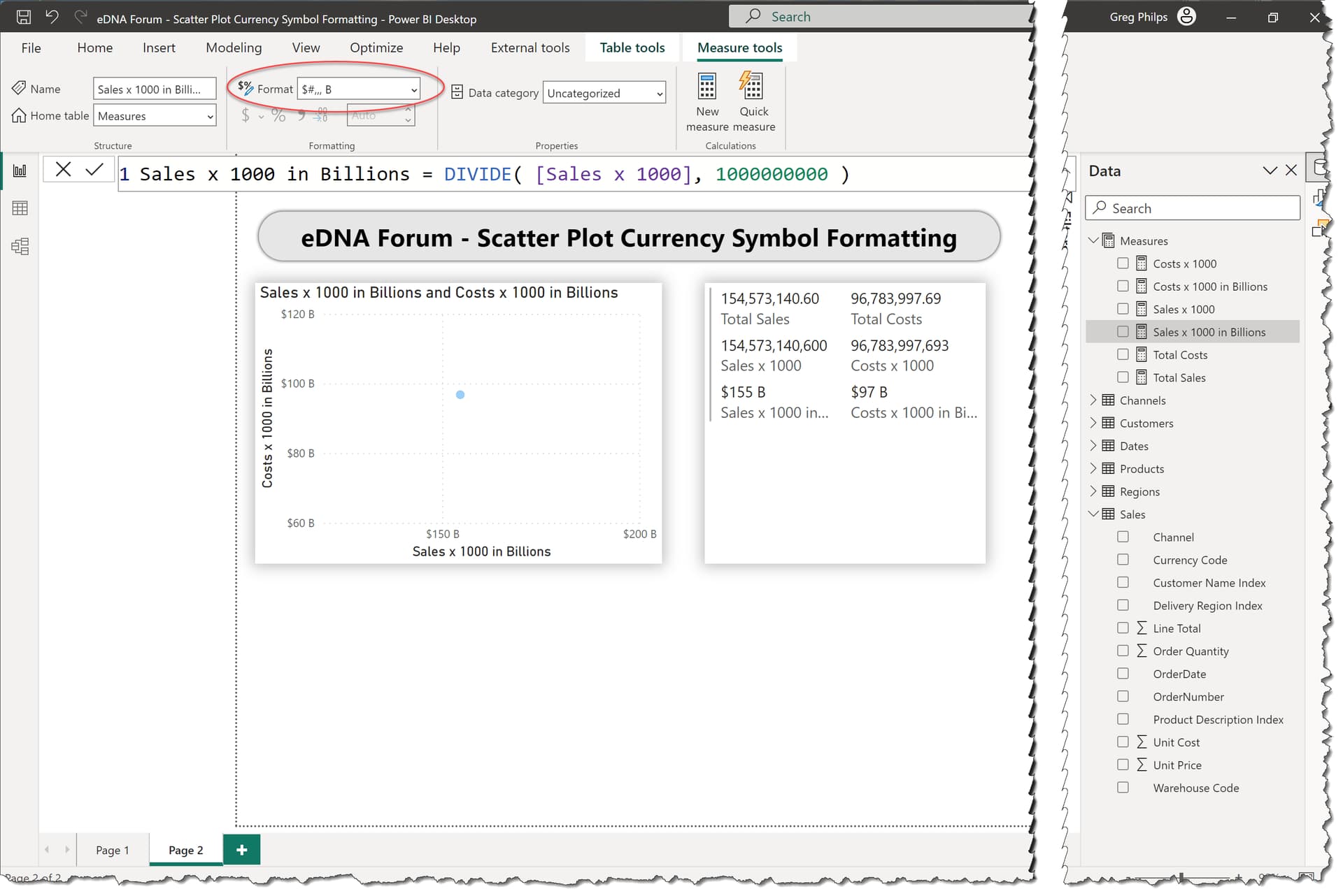 Currency symbol formatting on the scatter plot power bi enterprise